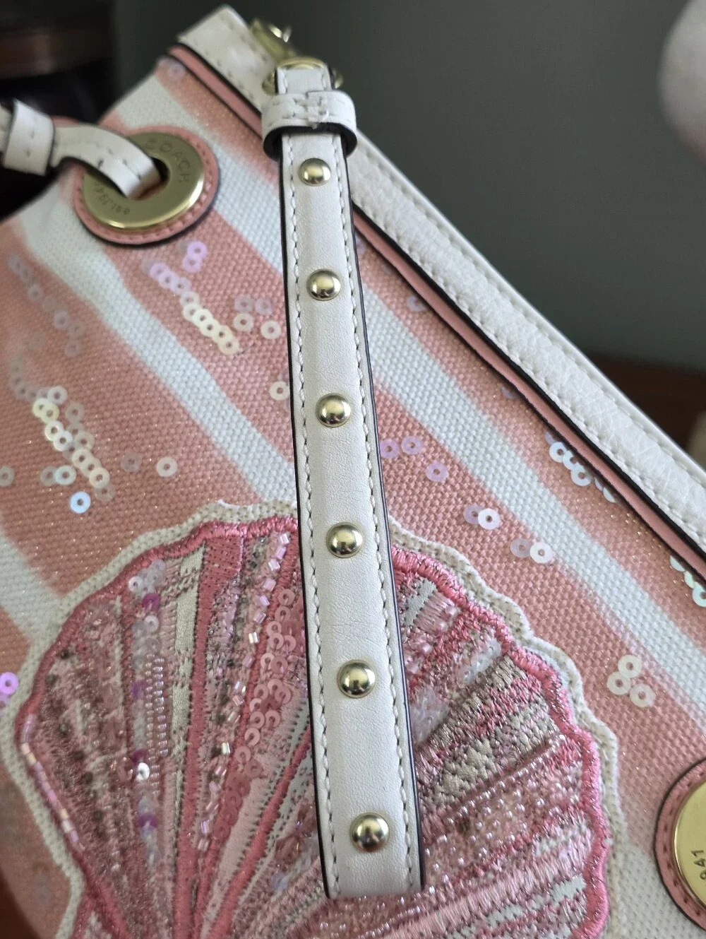 Coach Audrey Pink Sequin Shell Canvas Studded Wristlet Bag